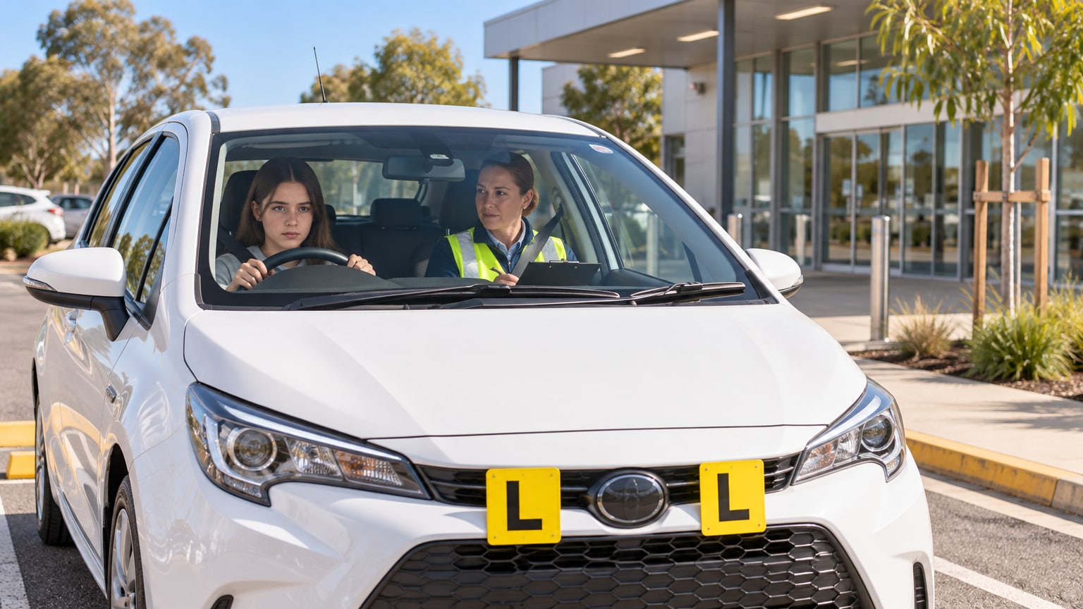 Learner driver and examiner in car outside testing centre