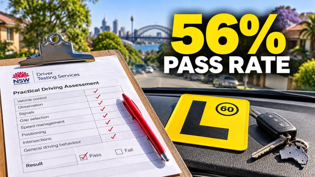 Examiner score clipboard on car dashboard with 56% pass rate text
